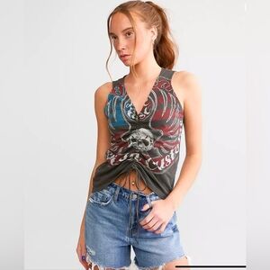 NWT Affliction Rhinestone Distressed Ring Of Fire Cinch Tie Tank Top Size Small